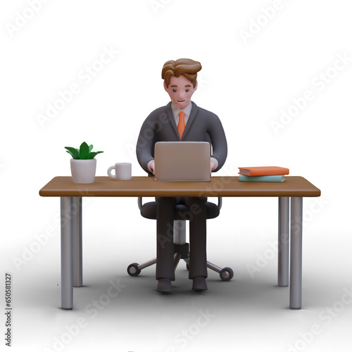 Clerk is sitting at desk, working on laptop. Office worker at workplace. Male realistic character in business suit works online. Color vector illustration. Organization of work process