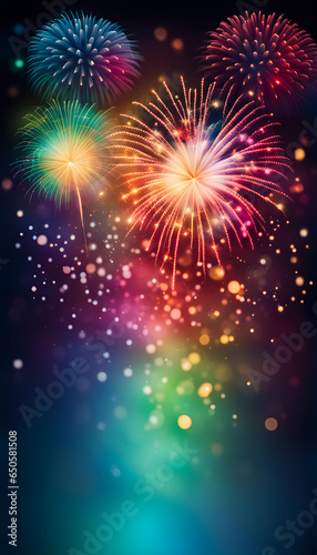 Abstract colorful bokeh background and fireworks. Christmas eve, new year, holiday concept.