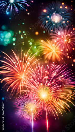 Abstract colorful bokeh background and fireworks. Christmas eve, new year, holiday concept.