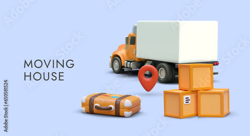 Poster with 3d realistic truck, cardboard boxes, suitcase and place for text. Moving house concept. Transportation and delivery concept. Colorful vector illustration