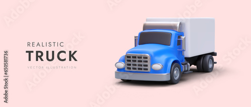 Realistic truck with blue cab. Cargo transportation services. Intercity delivery. Horizontal banner with space for advertising text. Color flyer template