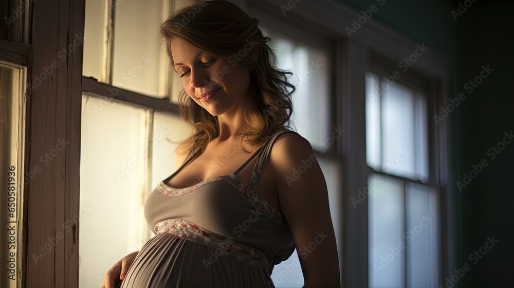 Fototapeta premium A pregnant woman stood smiling in the corner of the window with light streaming through the window.