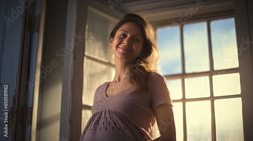A pregnant woman stood smiling in the corner of the window with light streaming through the window.