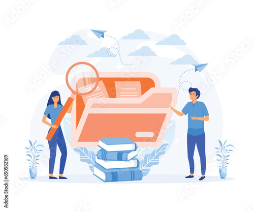 Business process, documents work flow and accounting. Business people with huge files of documents and accounting books, flat vector modern illustration