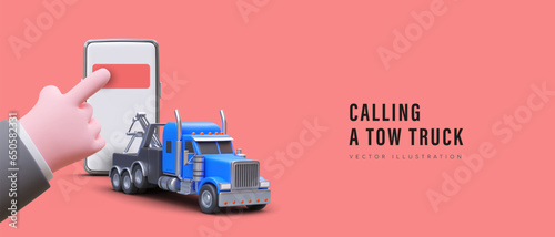 Realistic hand points to mobile phone. Calling tow truck concept. Web page for evacuate vehicle service with place for text and red background. Vector illustration