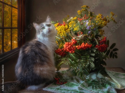 Photography Still life with autumn bouquet and curious cat
