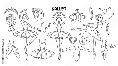 Ballet doodle set. Hand drawn black line art ballerina, tutu, pointe shoes and theatre performance accessories. Vector illustration in outline style