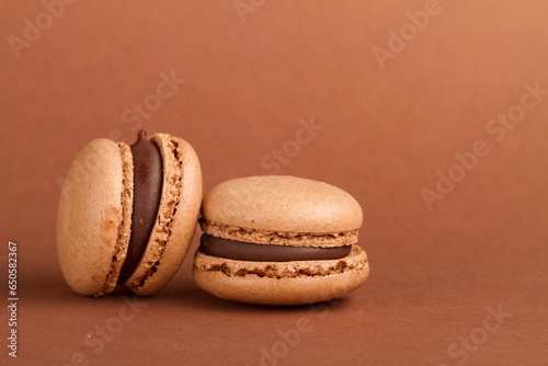 Close up macro shot of a macaron, french snack, on a colourful background.