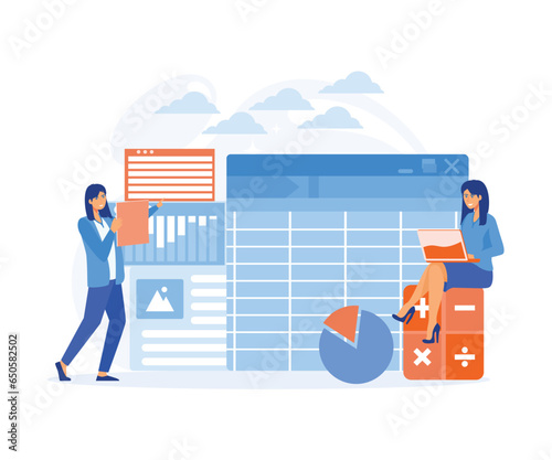 company bookkeeping report by accountants, Software for accounting with sheet, formula, calculators. flat vector modern illustration 