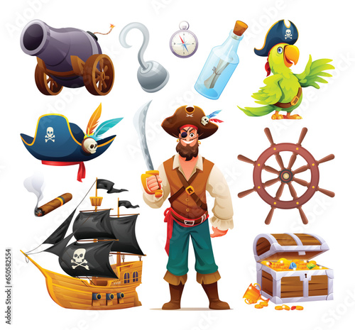 Set of pirate character, cannon, parrot, treasure chest and ship. Pirate elements vector cartoon illustration