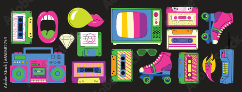 90's Big sticker set. Retro pc elements, user interface, camera, childhood, tape, game 90 icons in trendy y2k retro style. Nostalgia for 1990s -2000s vector illustrations
