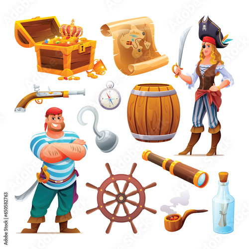 Set of pirate characters, map, barrel, treasure chest and spyglass. Pirate elements vector cartoon illustration
