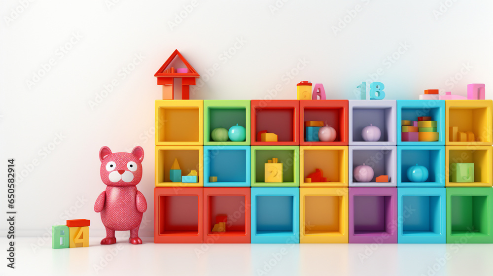 Fototapeta premium Colorful plastic bricks for kid, toddler, education and learning, toy shop, flat lay, copy space on white background