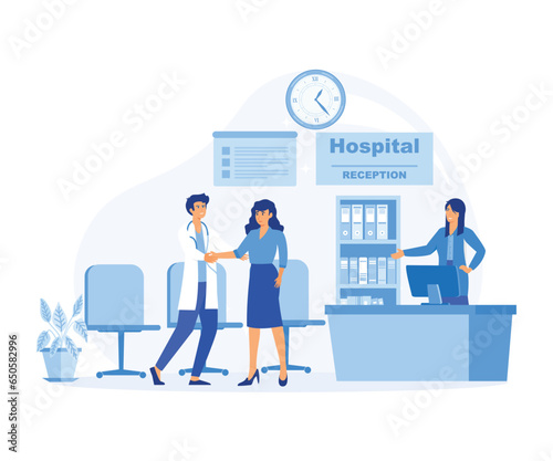 Modern clinic reception, Hospital visit, happy physician and patient handshake at front desk, flat vector modern illustration