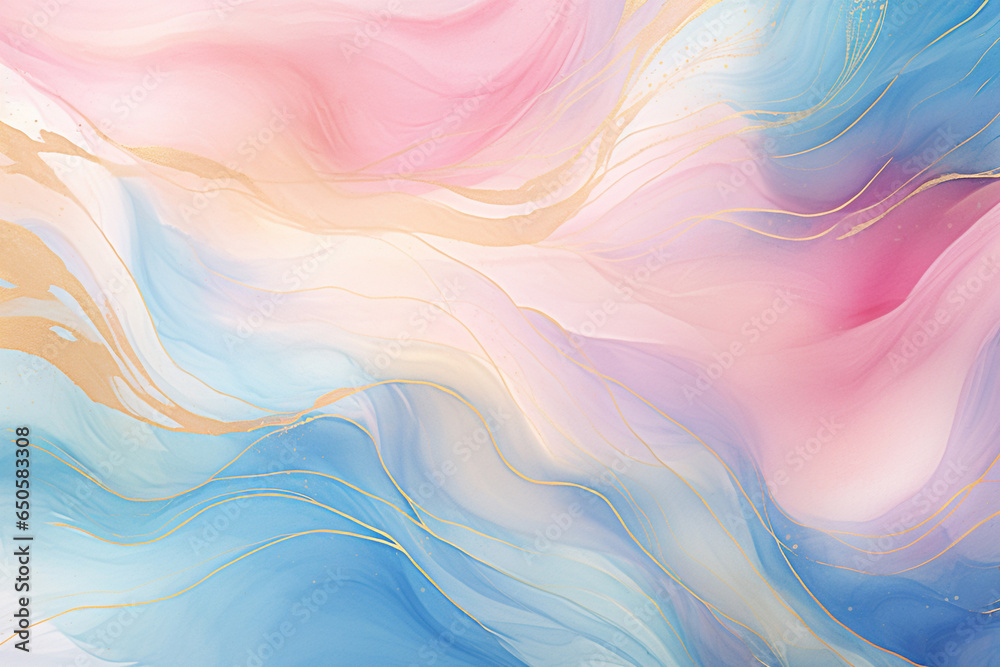 Abstract watercolor background paint illustration, Soft  pastel color waves, and gold lines with liquid fluid marbled paper texture