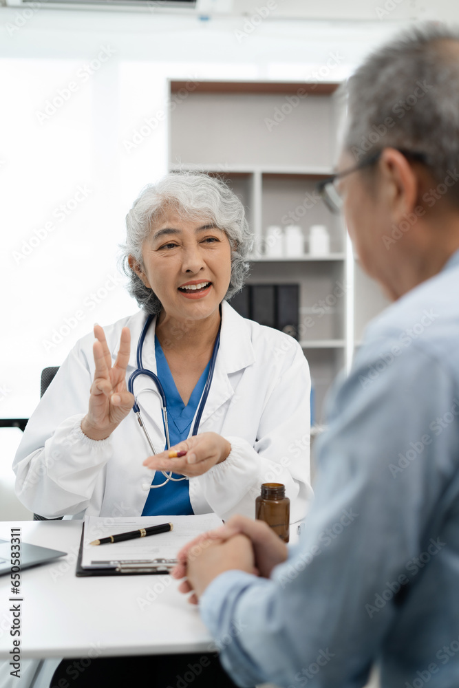 Medicine, healthcare and people concept, Pharmacists or doctors giving explanation about medicine to patient in clinic. Medicine, healthcare and people concept, Pharmacists or doctors giving explanation about medicine to patient in clinic.