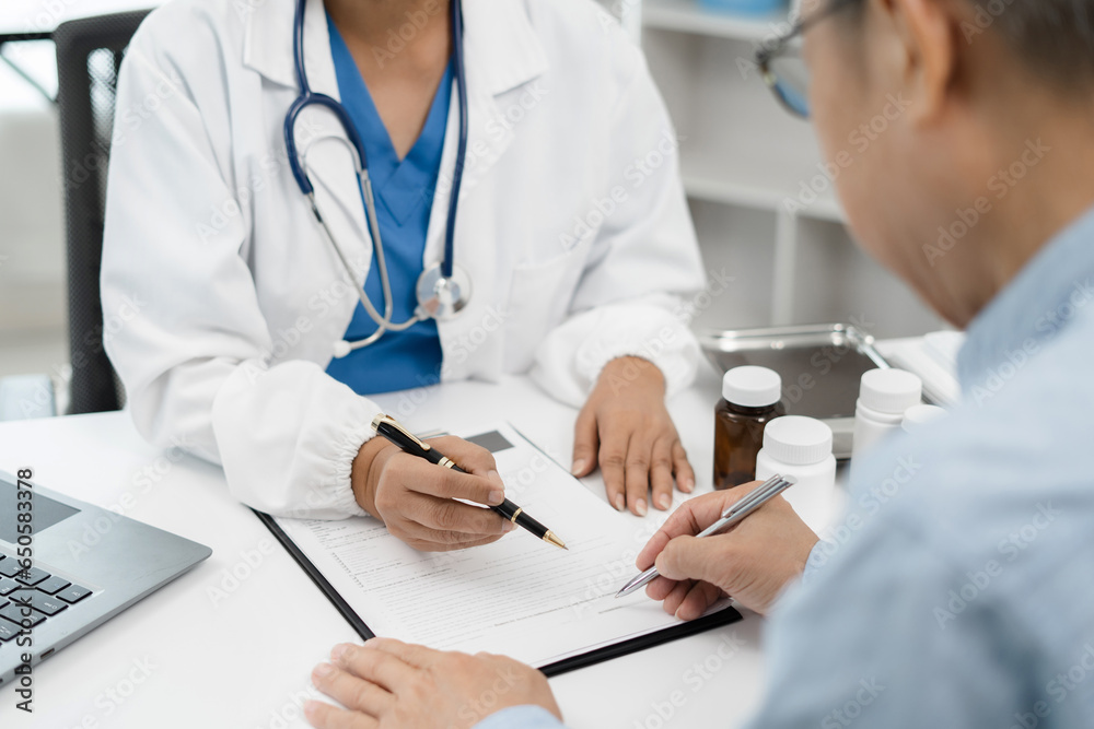 Pharmacists or doctors consulting patient filling form at consultation, talking to senior old patient filling signing medical paper at appointment visit in clinic. Pharmacists or doctors consulting patient filling form at consultation, talking to senior old patient filling signing medical paper at appointment visit in clinic.
