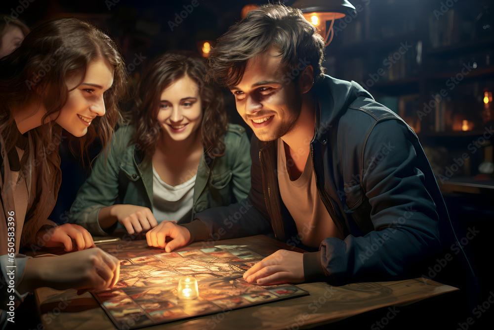 Fototapeta premium Group of young friends playing board games at night in the living room