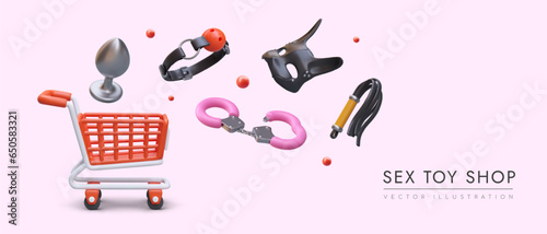 Sex toy store. Realistic shopping cart, products for adults. Mask, whip, handcuffs, gag, butt plug. Time to play. Advertising color concept of sex shop