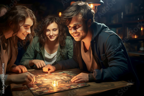 Group of young friends playing board games at night in the living room