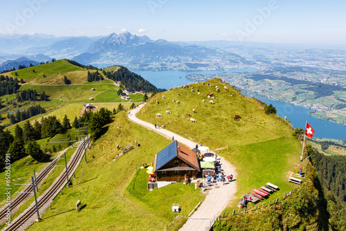 View from Rigi mountain on Swiss Alps, Lake Lucerne and Pilatus mountains in Switzerland