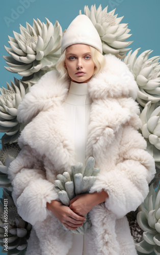 Winter fashion surreal background. Beautiful female model in white fur coat among cactus and flowers. Ai generated image photo