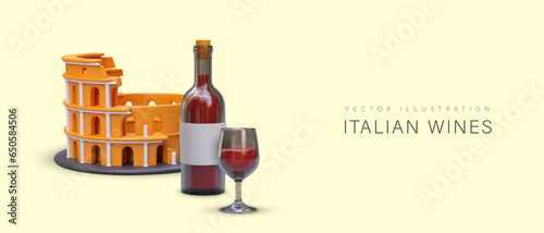 Italian wines. Realistic Colosseum, corked bottle, glass of red wine. Traditional Italian alcoholic drink. Tasting, alcoholic tours. Natural refined wines