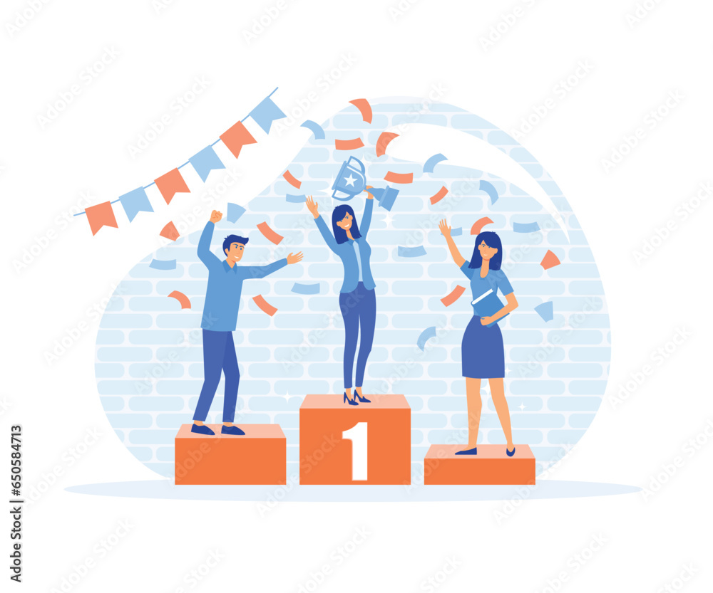 Employee recognition, People standing on the podium rank and jumps in the air with trophy cup, flat vector modern illustration Employee recognition, People standing on the podium rank and jumps in the air with trophy cup, flat vector modern illustration