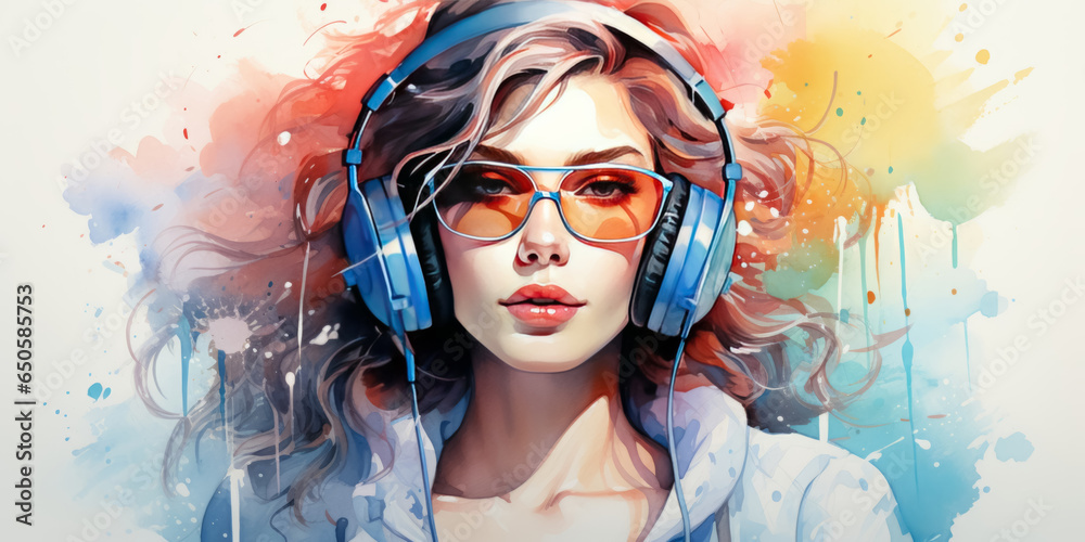  Dj girl. Watercolor illustration of young female listen to music headphones, artwork