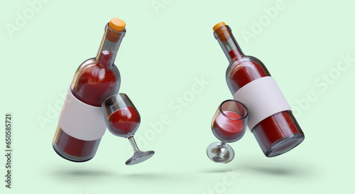 Corked bottle with red wine, glass with alcoholic drink. Vector realistic composition, view from different sides. Glass bottle with blank label, mockup