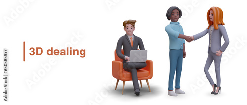 Dealing, conclusion of agreement. Business project. 3D illustration in cartoon style. Partners shake hands, businessman works on laptop in chair. Teamwork, partnership