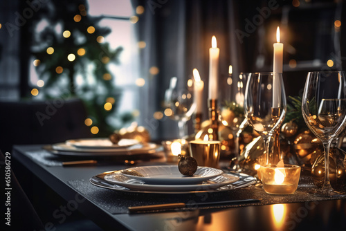 Elegant table setting with candles in restaurant. Selective focus. Romantic dinner setting with candles on table in restaurant. 