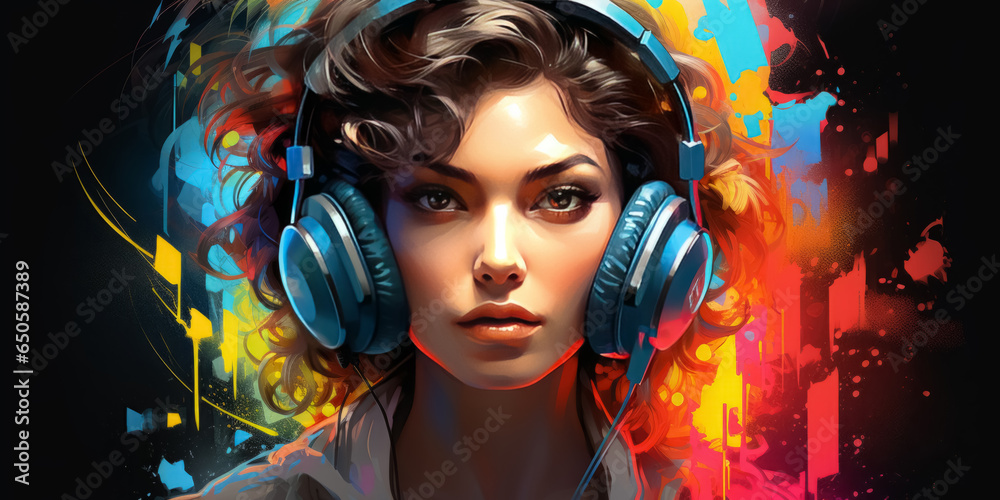 Dj girl. Watercolor illustration of young female listen to music headphones, artwork. 