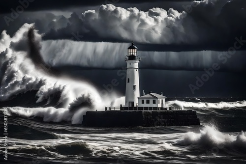 A black and white illustration of a lighthouse standing in the middle of the ocean during a dangerous storm with large waves and and dark clouds.  