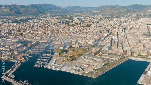 Palermo  Sicily  Italy. Embankment and port. Panorama of the city. In the foreground is Castello a Mare and Piazza XIII Vittime  Aerial View