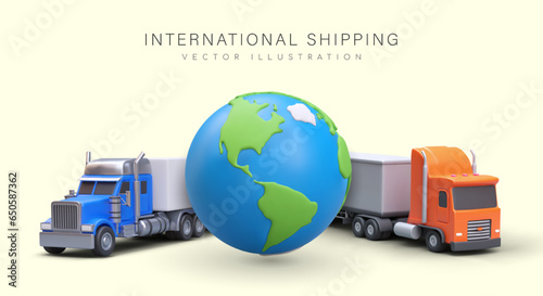 Concept of international shipping. Realistic globe, trucks with trailers. Delivery of cargo all over world. Sending parcels abroad. Export and import worldwide