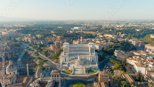 Rome  Italy. Vittoriano - Monument to the first king of Italy  Victor Emmanuel II. Flight over the city. Panorama of the city in the morning. Summer  Aerial View