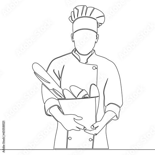 Continuous line drawing baker with french baguette Daily freshly baked bread icon vector illustration concept