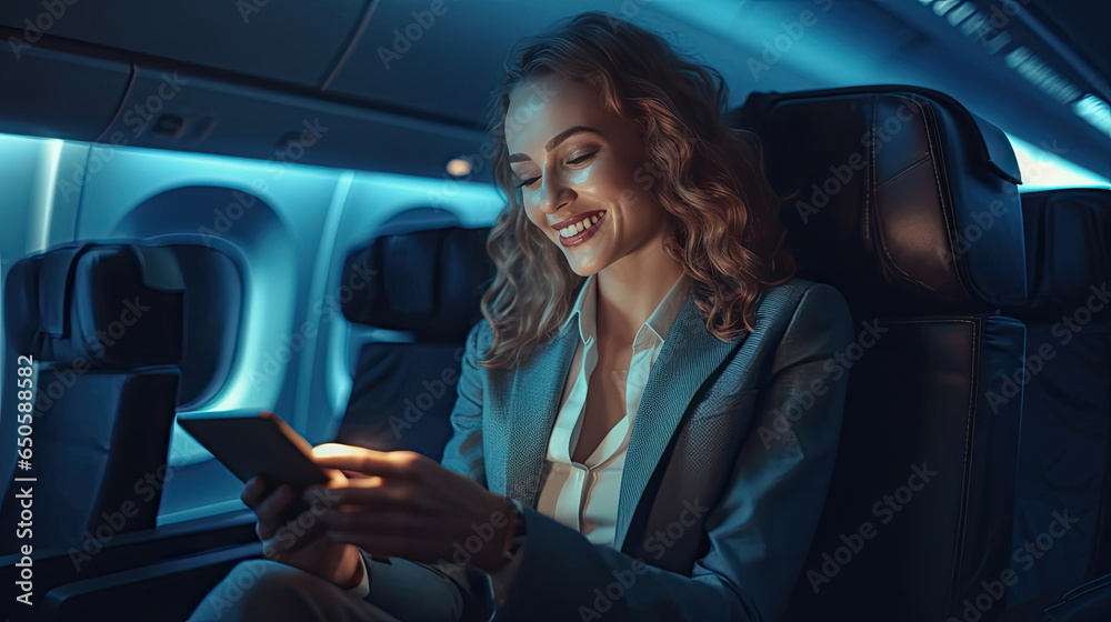 A Smiling female entrepreneur in suit using smartphone while sitting in an airplane. Online communication on airplanes. Generative Ai