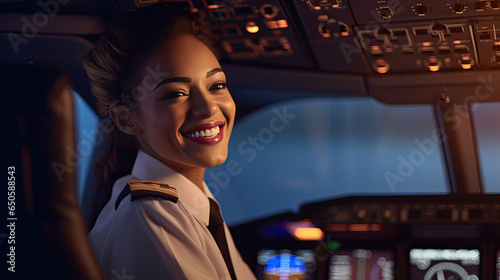 A smiling beautiful woman working as flight attendant. Female airplane stewardess. Generative Ai © tong2530