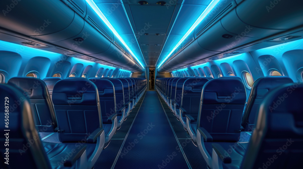 Empty aircraft seats. Interior of passenger plane. Generative Ai