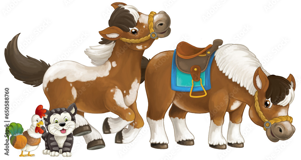 Fototapeta premium Cartoon happy pair of horses is running jumping smiling and looking with cat and rooster isolated illustration for children