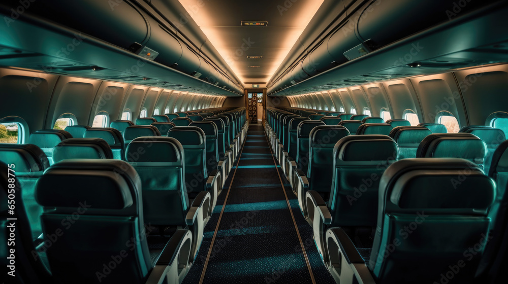 Empty aircraft seats. Interior of passenger plane. Generative Ai