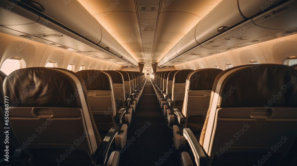 Empty aircraft seats. Interior of passenger plane. Generative Ai
