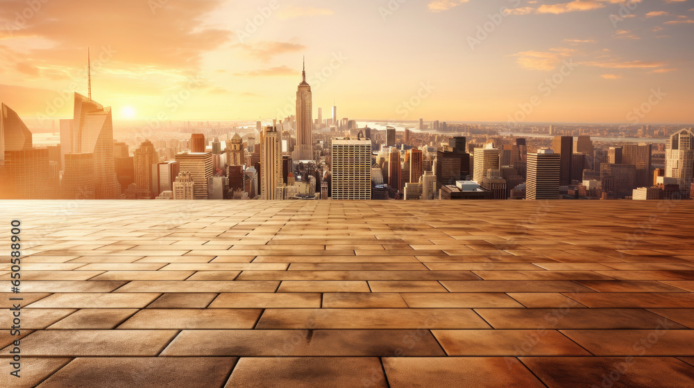 Empty brick floor with cityscape and skyline background. Generative Ai