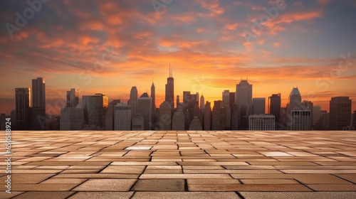 Empty brick floor with cityscape and skyline background. Generative Ai