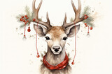 Portrait of a Christmas reindeer with decorations and a Christmas tree