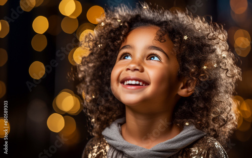 An dreaming and smiling toddler girl looking up, having thoughts about Christmas holiday. Isolated on dark background with gold lights sparkling