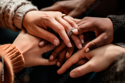 Manos unidas de personas de diferentes etnias, edades y géneros. Manos de diferentes razas, unidas por la igualdad. Lucha contra la discriminación. photo