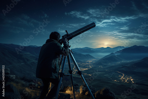 Fotobehang Man looking through a astronomy telescope at the stars at night sky, Milky way galaxy, AI Generative